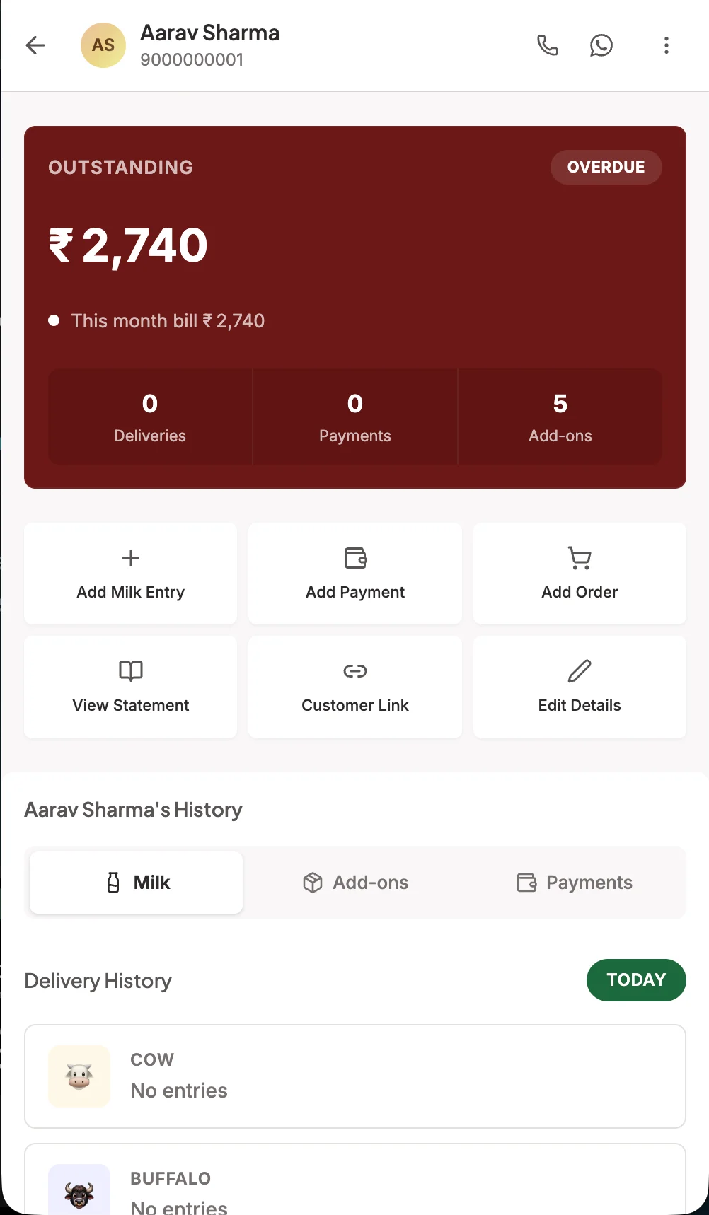 DudhHisaab dashboard showing each customer's outstanding balance highlighted, so you can see at a glance who owes money and for how long